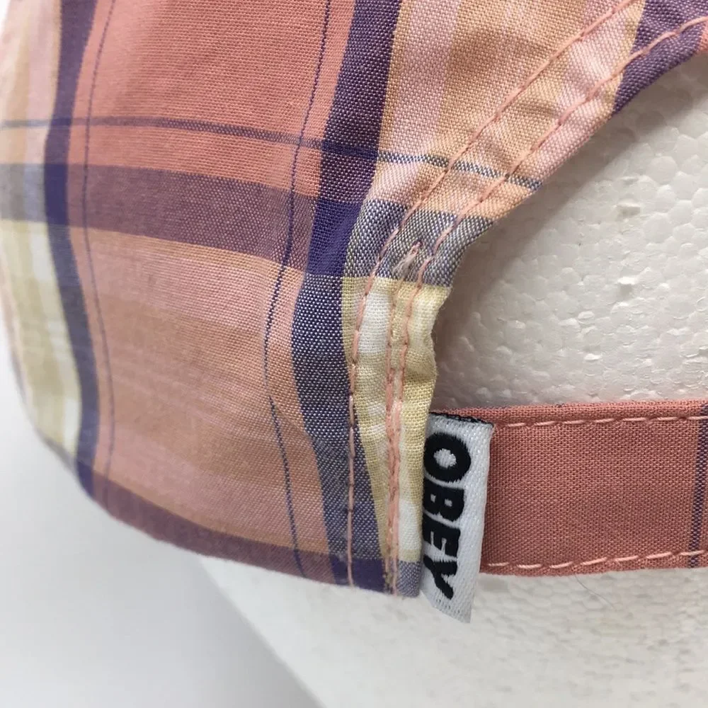 Obey Madras Salmon Pink Plaid Cotton Lightweight Baseball Hat Cap